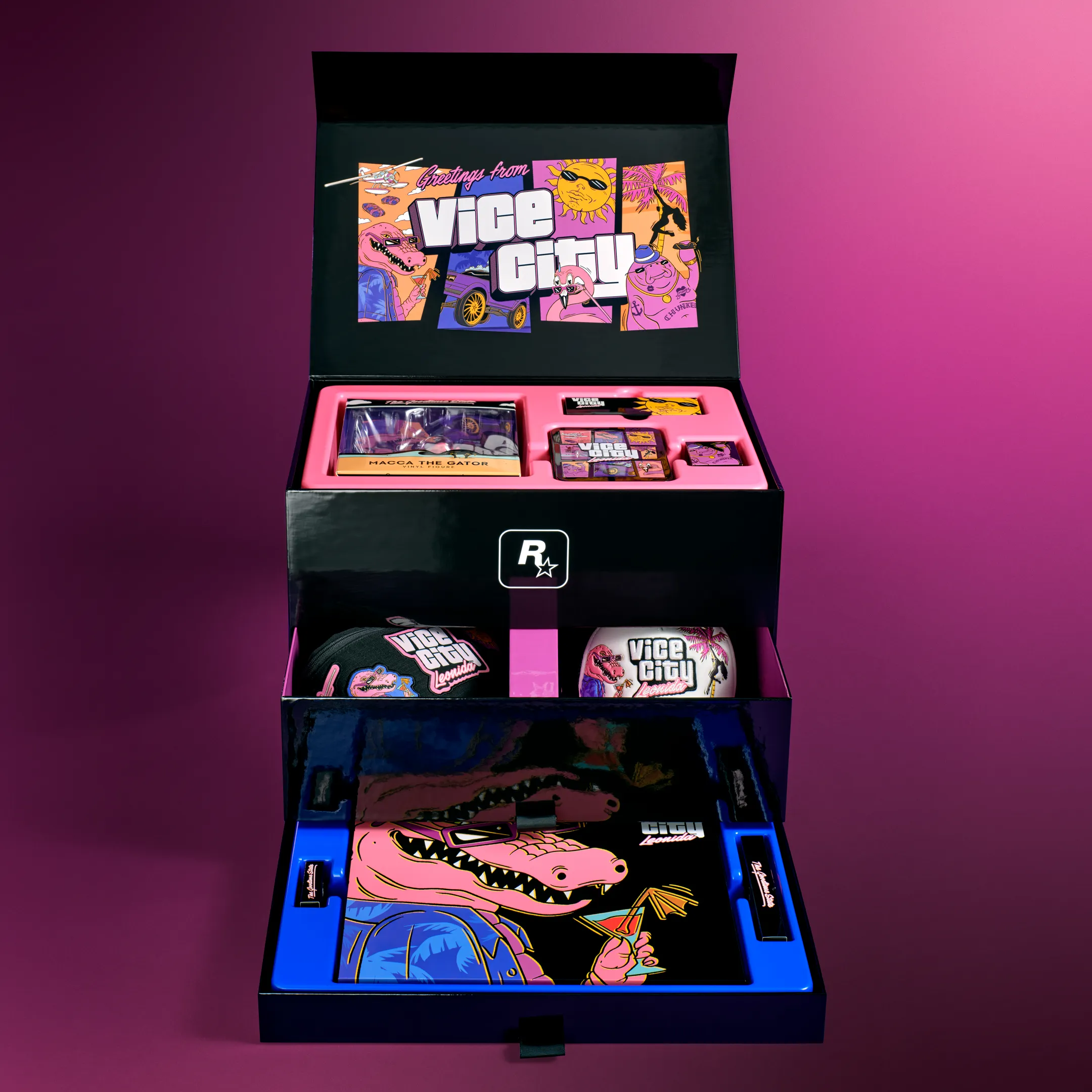 Open Vice City Collection box with merchandise in its compartments