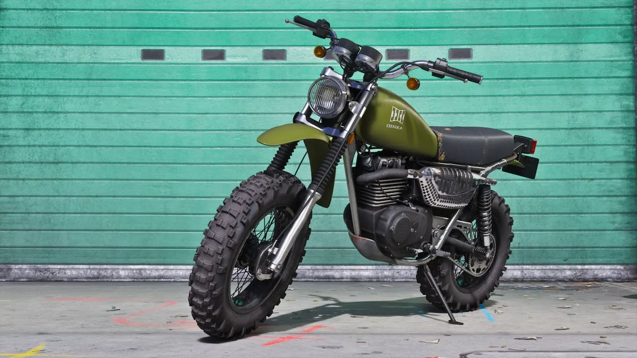 A green Dinka Enduro motorcycle beside a wall