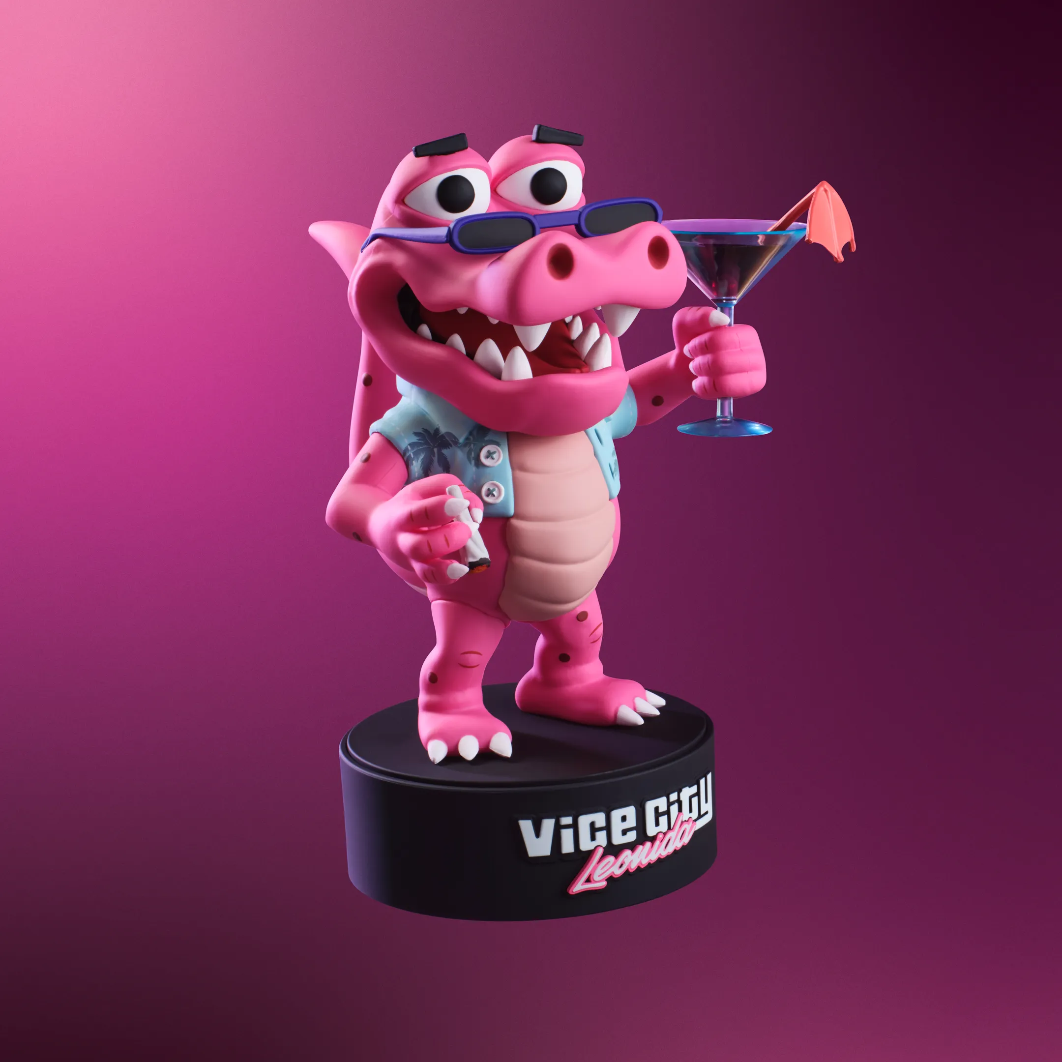 Official product view of the Macca the Gator figure and base