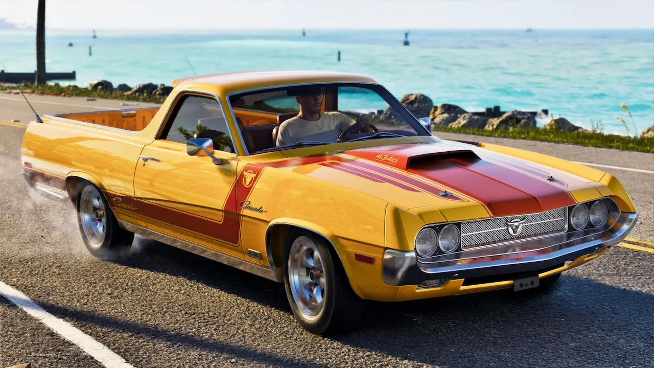 A yellow Ganado pickup on a coastal road