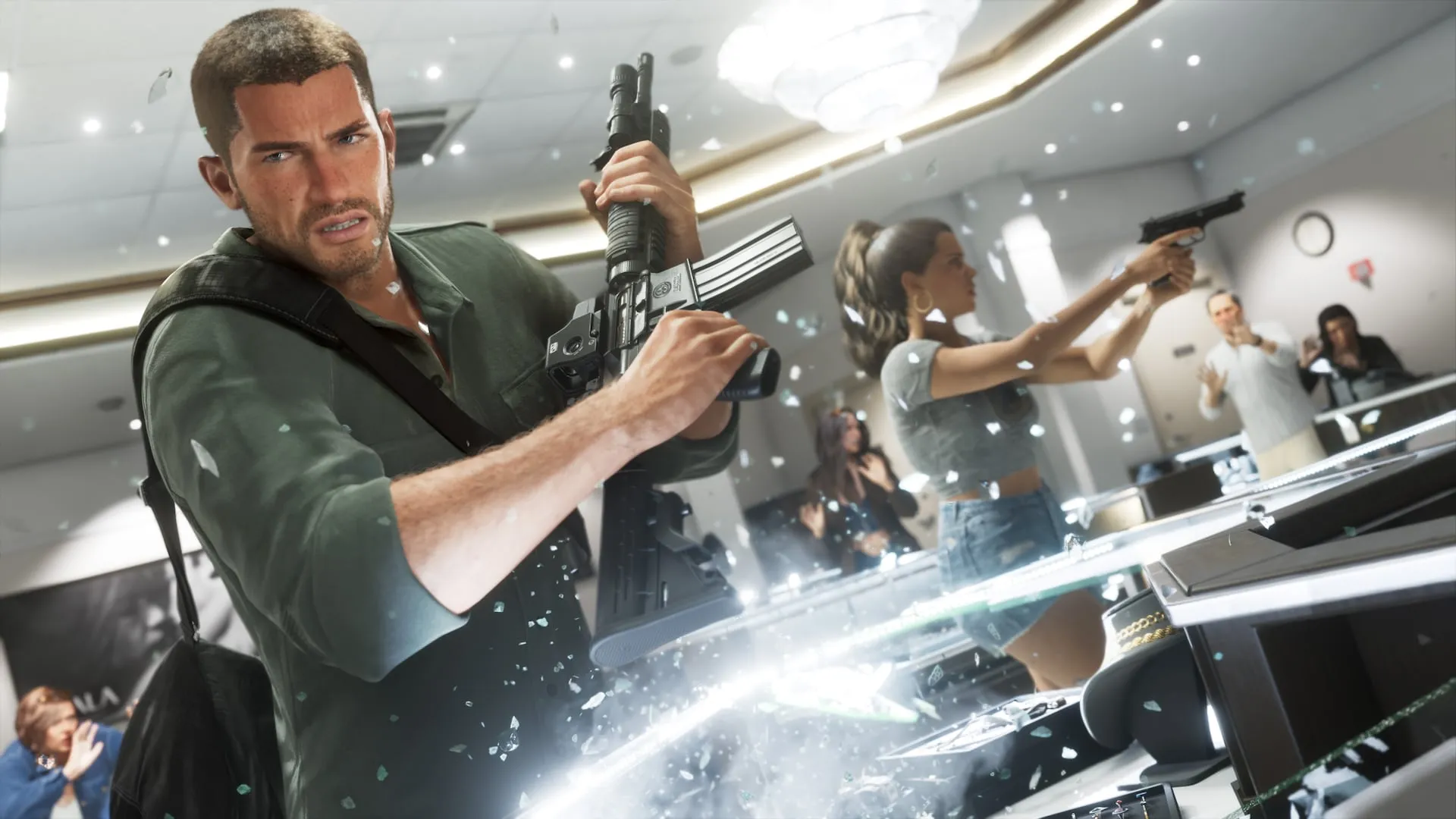 Jason with a long gun and Lucia with a handgun beside shattered display cases