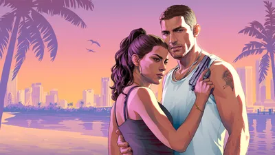 Illustration of Jason and Lucia on a beach at sunset with a city skyline behind them