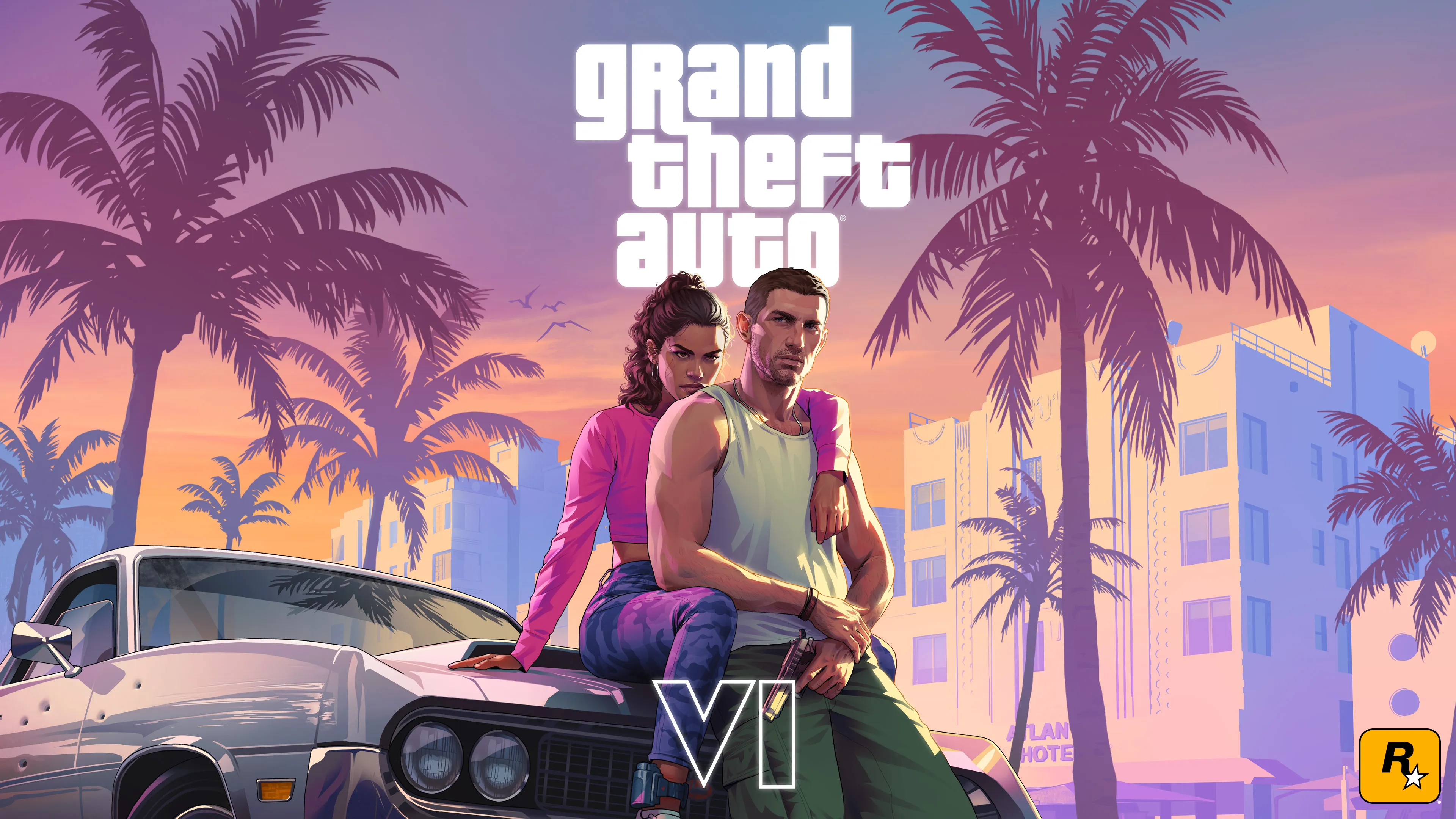 GTA VI 官方宣传画：杰森与露西娅、落日棕榈树及 Grand Theft Auto VI 游戏标志