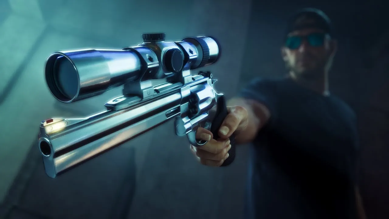 A scoped Morgan revolver held toward the camera