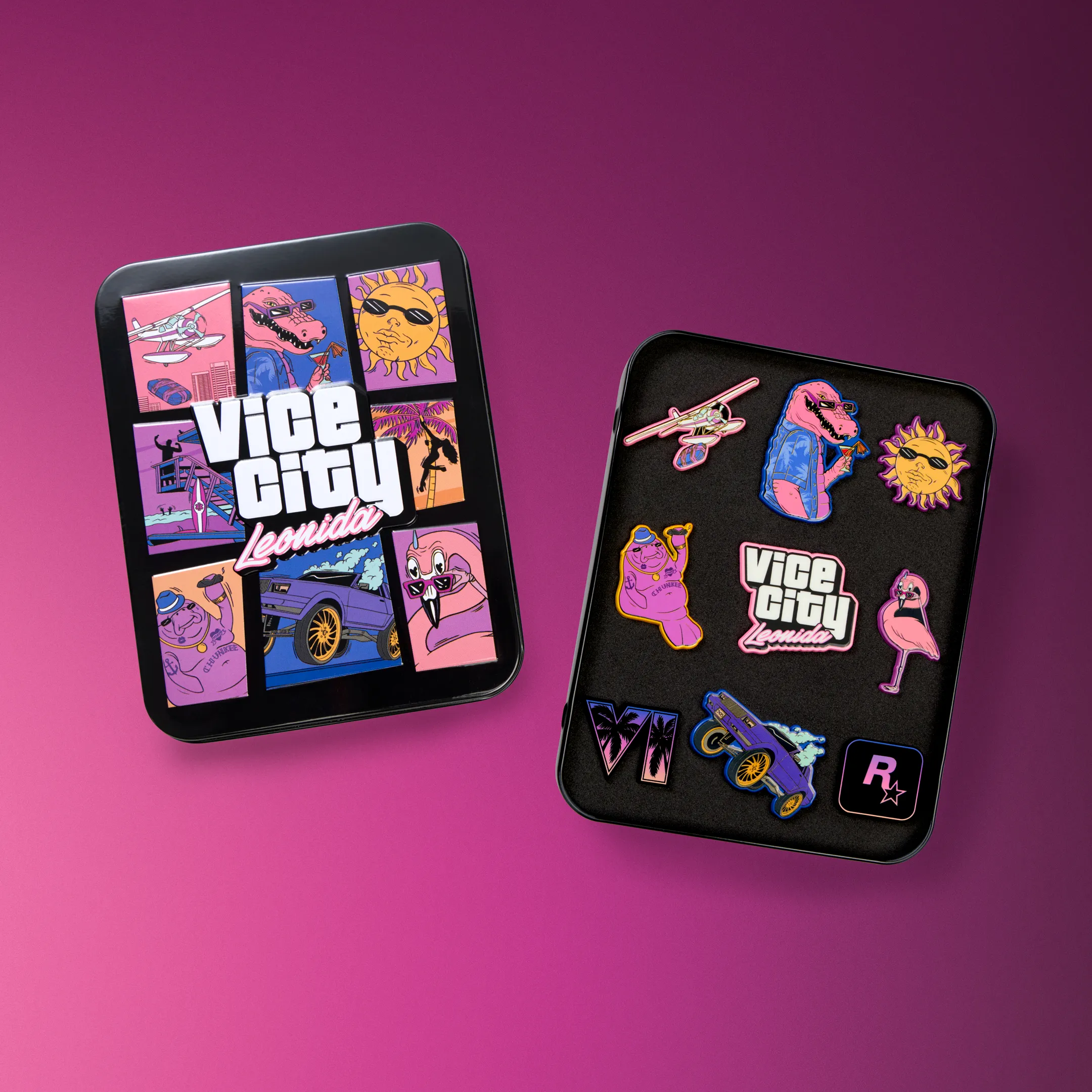 Official product view of the enamel pins with their tin