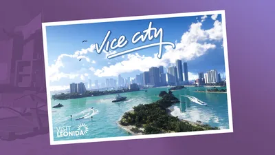 Postcard-style artwork of the Vice City skyline over turquoise water, labelled Visit Leonida