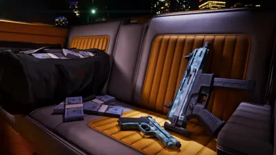 Two guns with the Vintage Vice City weapon pattern on a car back seat next to a bag of cash