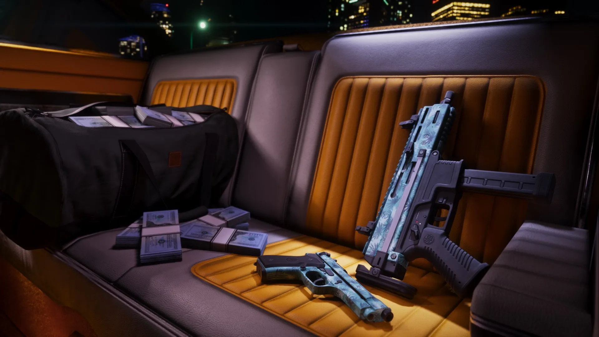 A handgun and compact firearm with blue patterns on a car seat